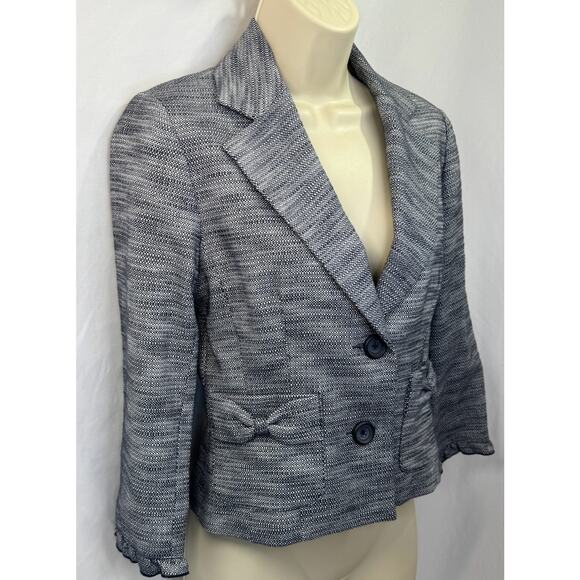 NWT Luxury Brand Harold's Navy Tweed Blazer Jacket with Ruffle Trim - Size 0 - Picture 1 of 15